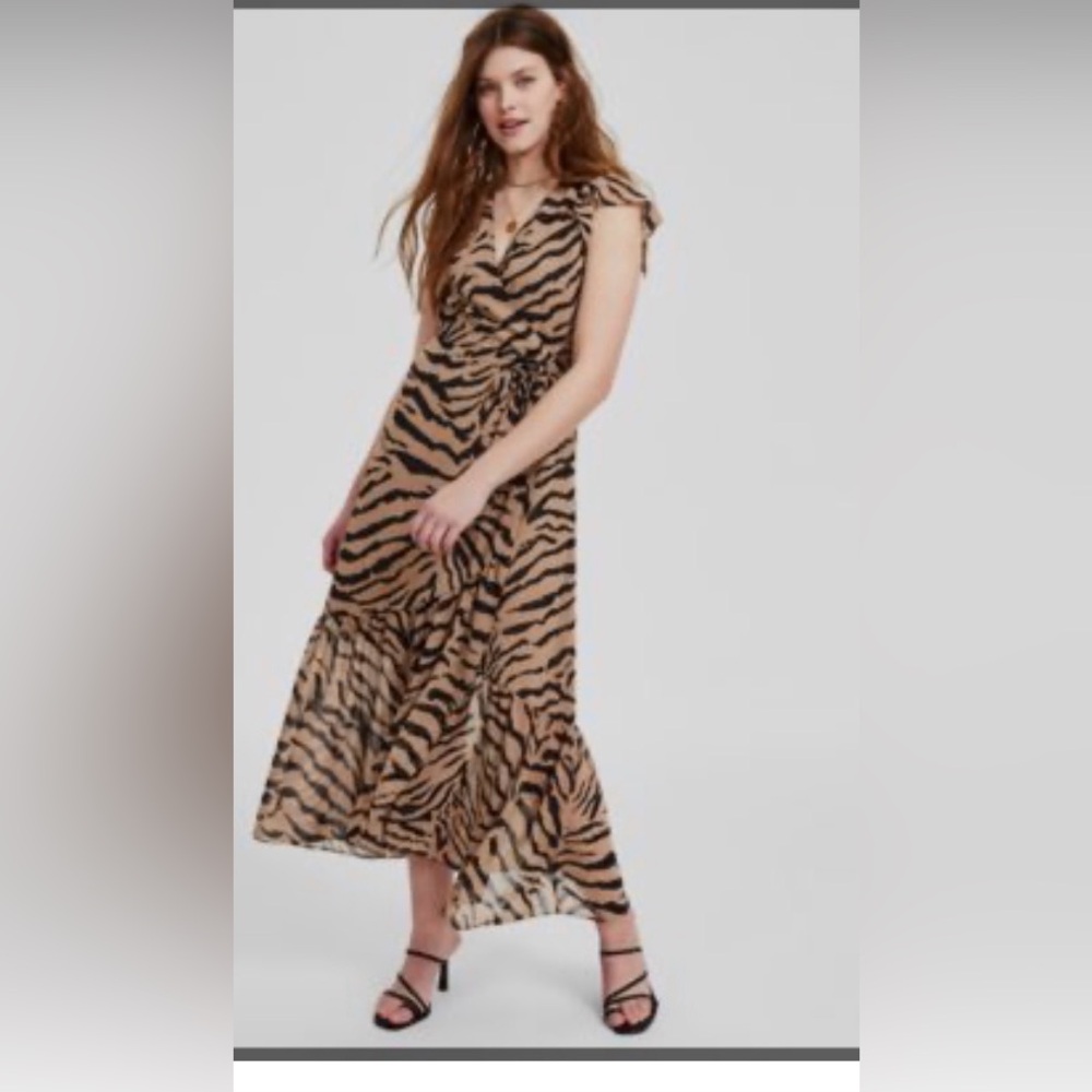Bar III Zebra Print Midi Wrap Layer ruffle bottom Dress in Black and Tan NWT